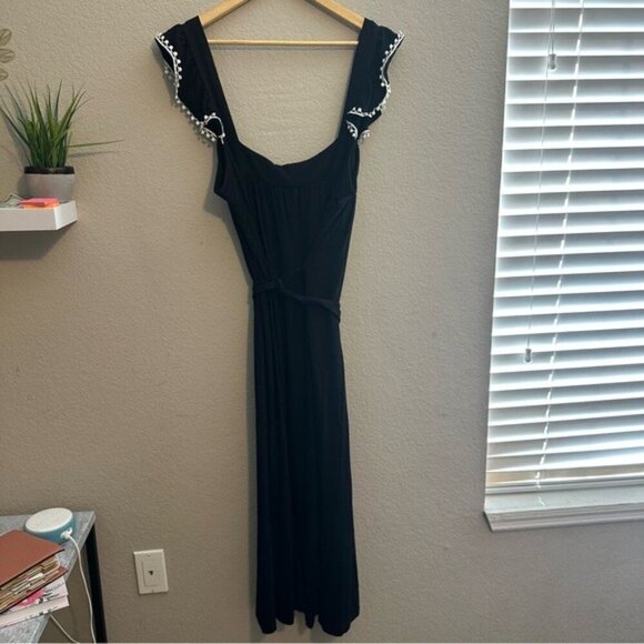 Loft Elegant Midi belted Black Dress with white Embellished Sleeves Size XL - Picture 6 of 9